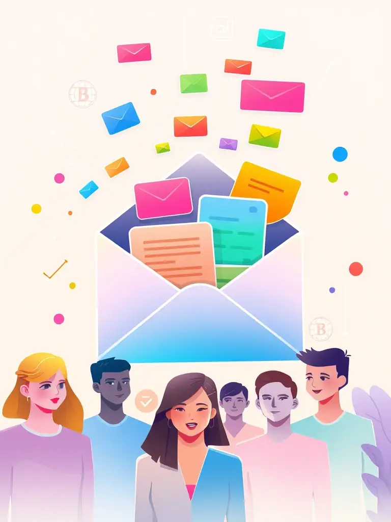 An illustration of an email being sent to a group of people, symbolizing email marketing services.