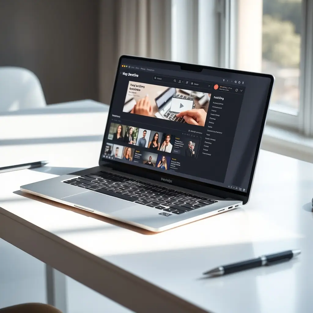 Laptop on a desk displaying a video platform interface, showcasing user profiles and video thumbnails, symbolizing digital marketing and social media engagement.