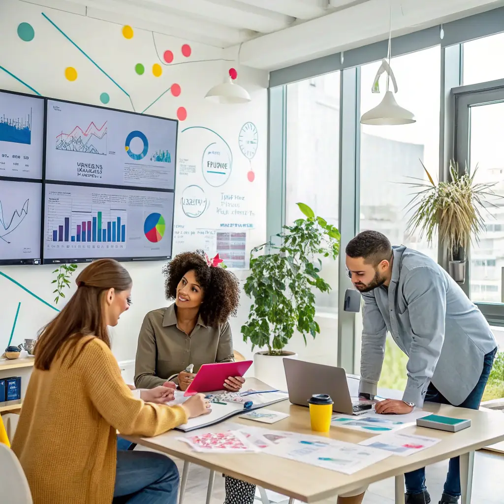 Team collaborating in a modern office, analyzing digital marketing data on screens, discussing strategies for local business growth, with laptops and tablets on the table.