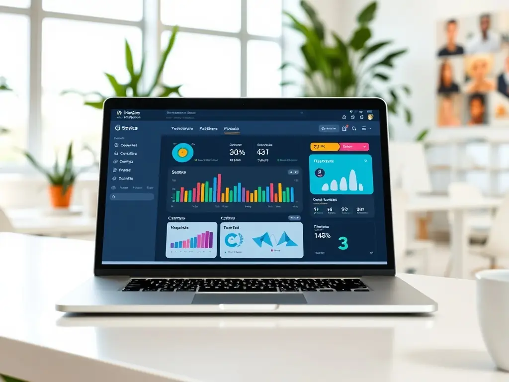Laptop displaying analytics dashboard with colorful graphs and performance metrics, illustrating digital marketing success for local businesses.