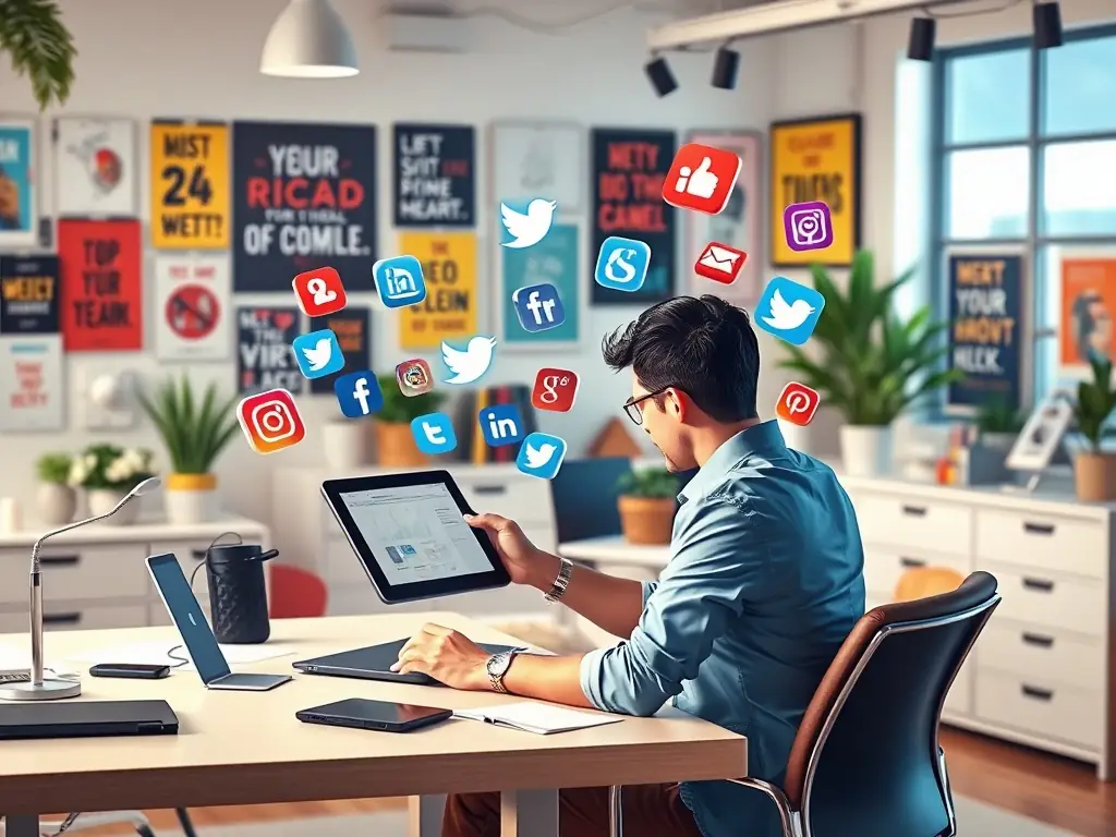 A social media manager is creating engaging content on a tablet, illustrating the agency's social media management services with various social media platform logos in the background.