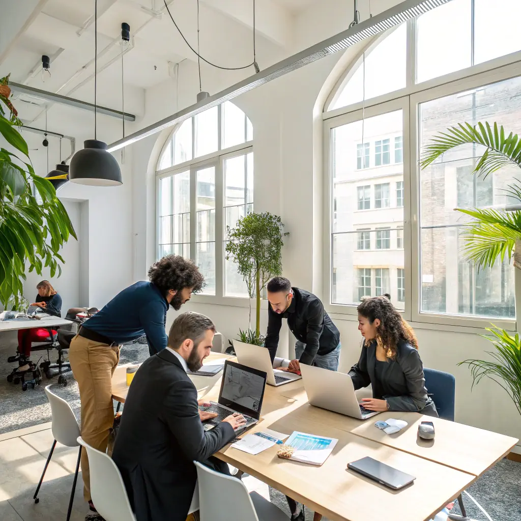 Team collaborating in a modern office space, working on laptops and discussing strategies for AI-powered website design and digital marketing services for local businesses.
