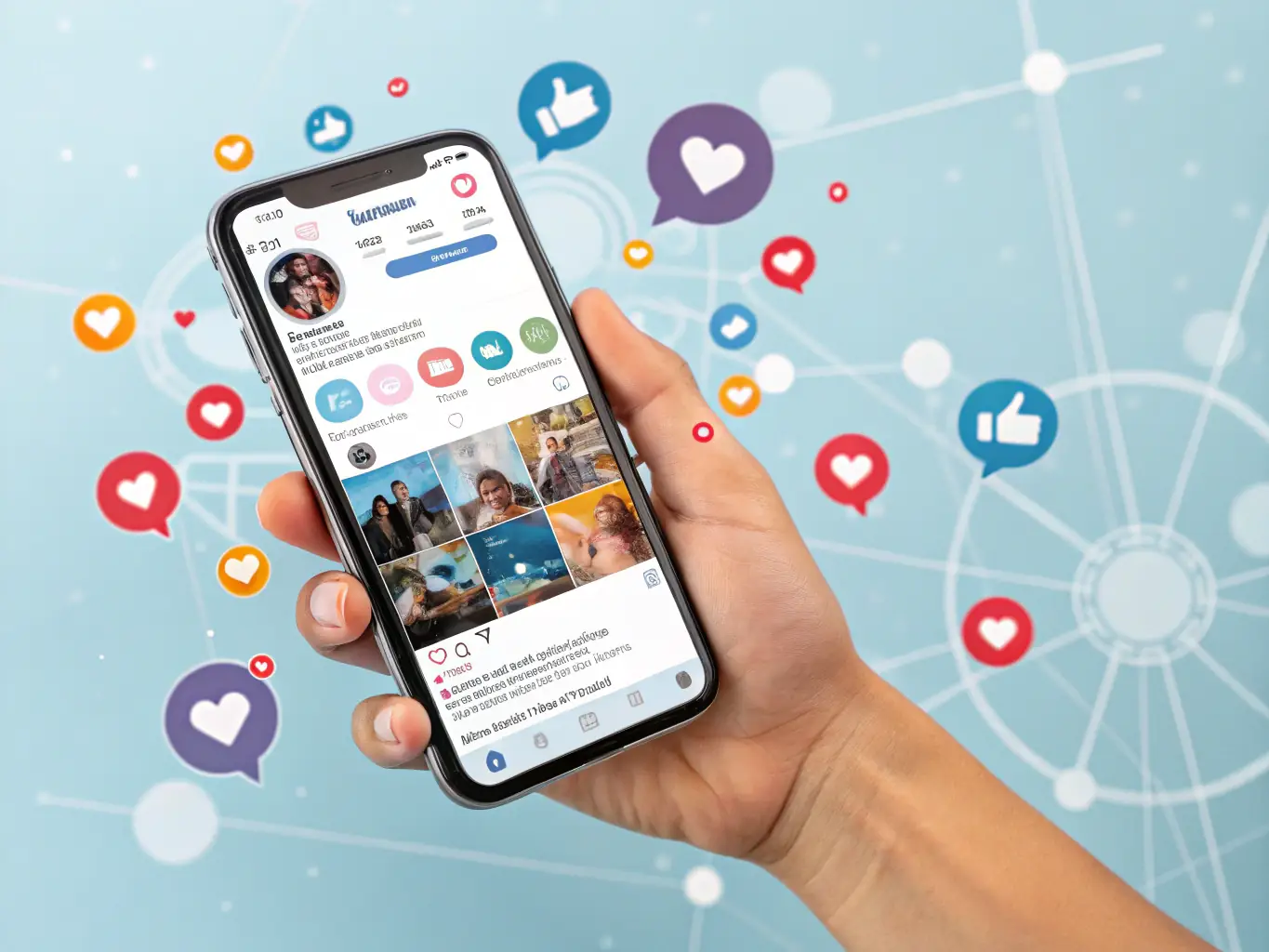 Hand holding smartphone displaying an Instagram profile with social media engagement icons, symbolizing social media management and audience engagement for digital marketing services.