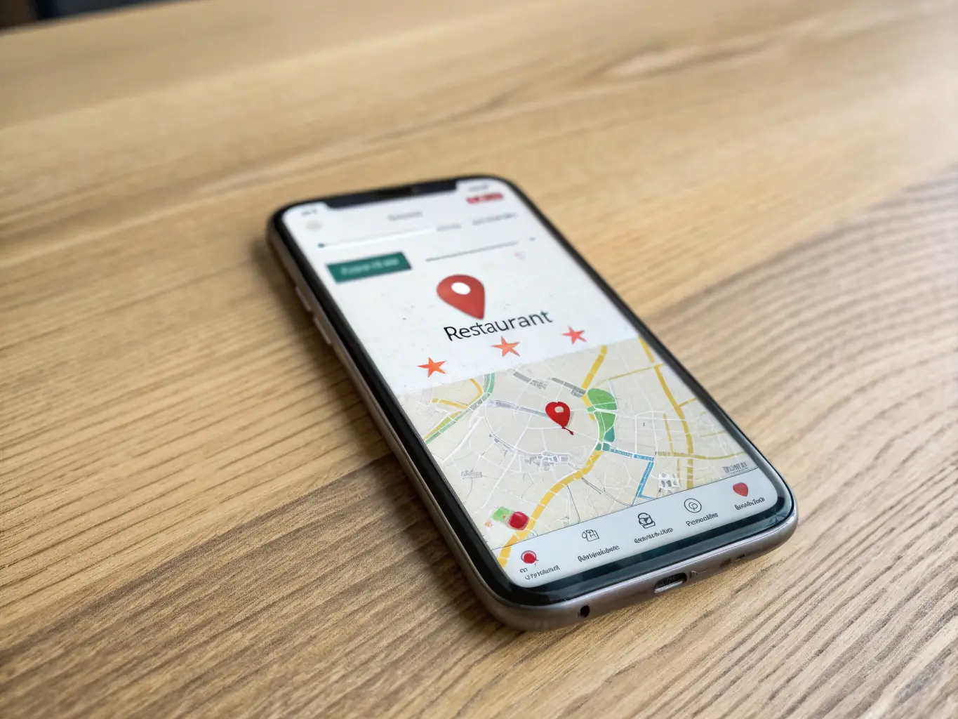 Smartphone displaying a map with a restaurant pin, emphasizing local SEO and digital marketing strategies for enhancing business visibility.
