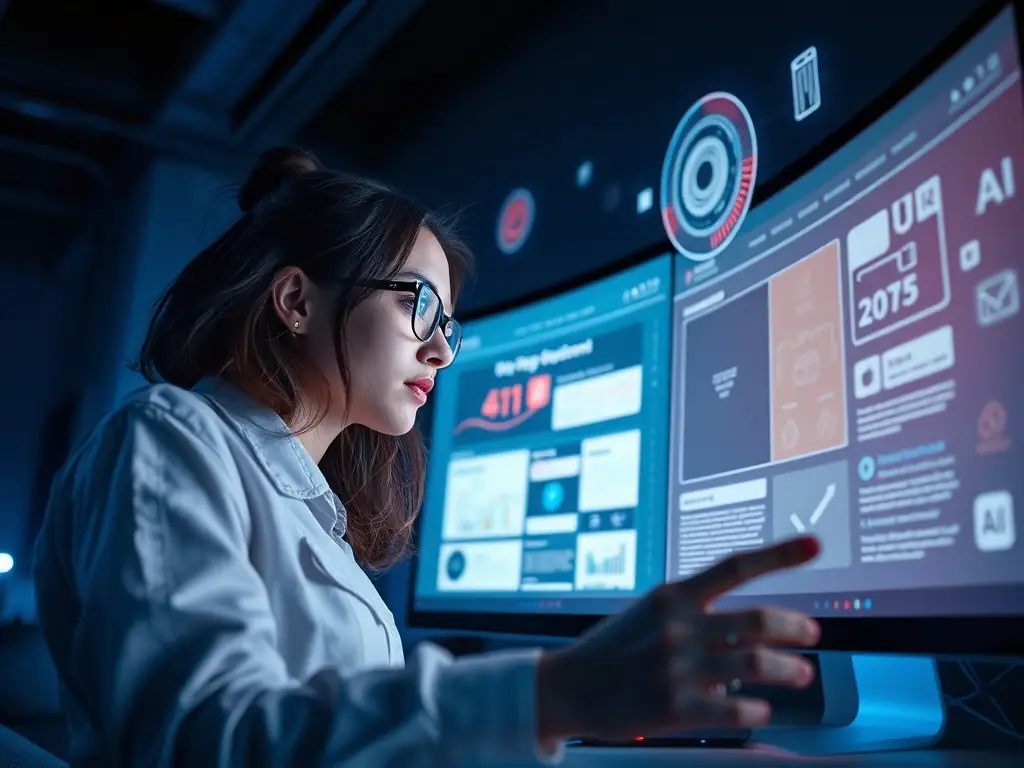 A professional graphic designer is creating a website layout on a computer, showcasing the AI-driven design process with visual elements representing algorithms and data flow.