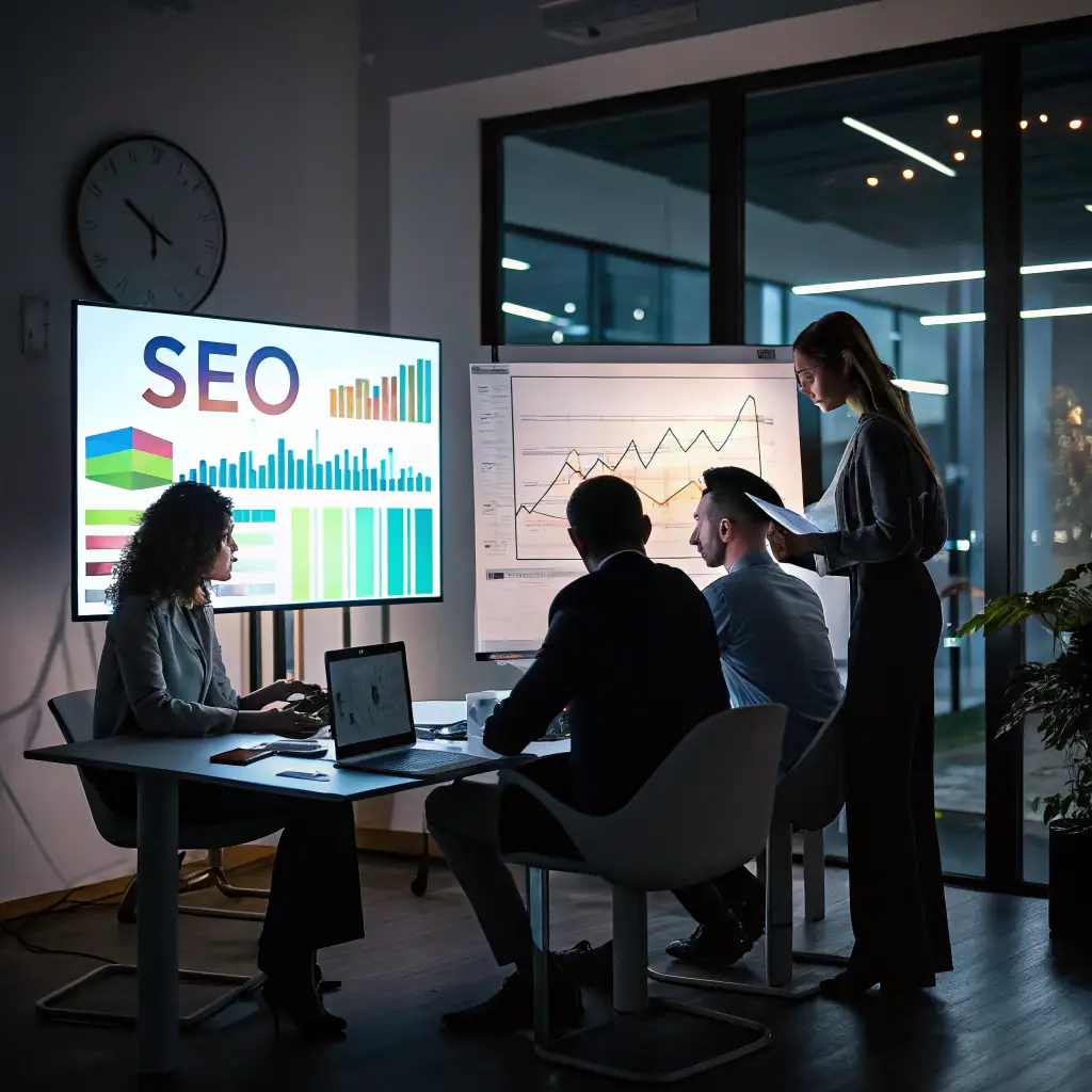 Team collaborating on SEO strategies, analyzing data on screens, discussing digital marketing solutions for local businesses.
