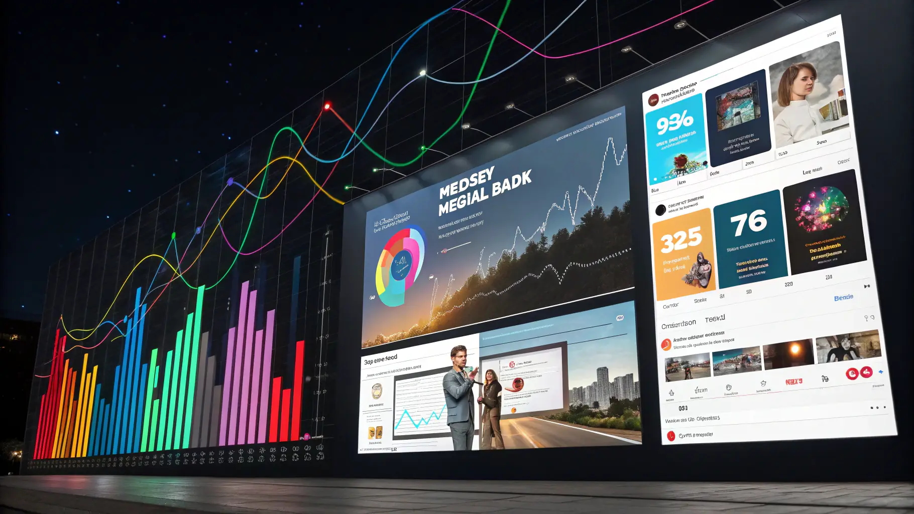 Colorful data visualizations and digital marketing graphics displayed on a large screen, illustrating AI-driven website performance metrics and local business engagement strategies.