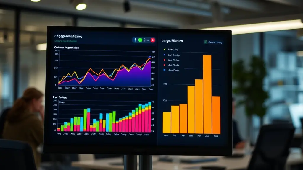 Engagement metrics dashboard displaying colorful graphs and charts for local business performance analysis, showcasing data trends and large metrics relevant to digital marketing strategies.