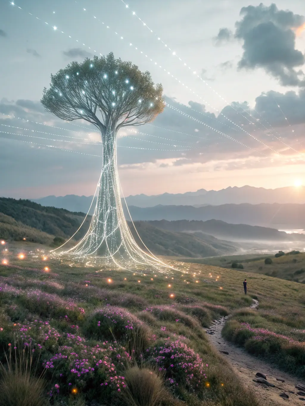A futuristic image combining AI elements with social media icons, highlighting NearNet Local's innovative use of AI to optimize social media marketing strategies for local businesses in Tampa Bay.