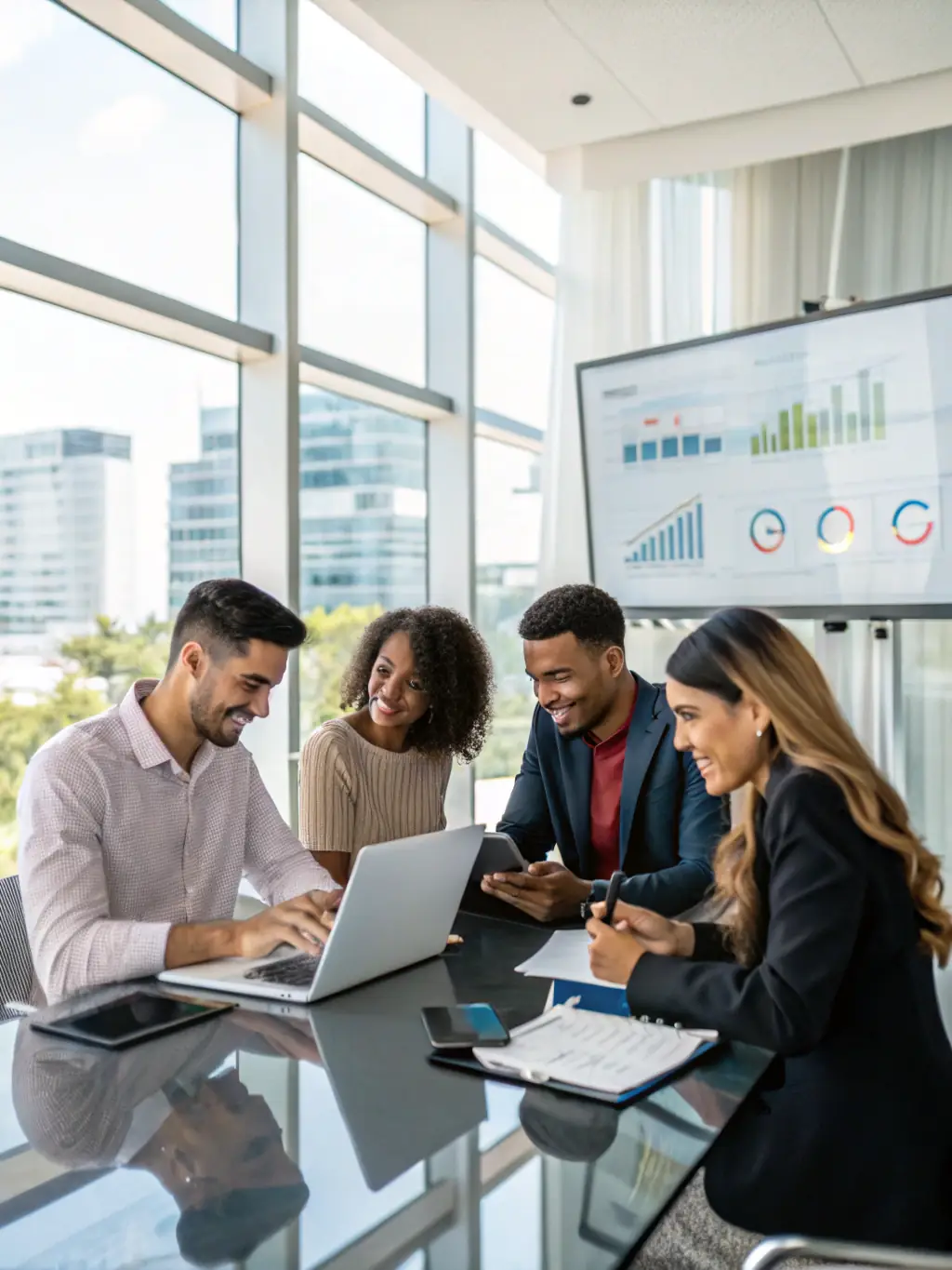 A vibrant image showcasing a diverse group of people interacting positively with a brand's social media post on their smartphones, symbolizing increased brand awareness through NearNet Local's social media strategies.