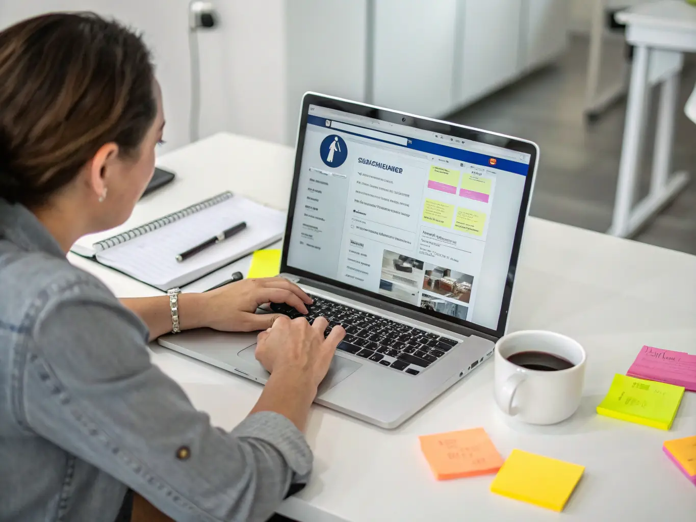 A professional, eye-level shot of a person working on a Facebook advertising campaign on a desktop computer, showcasing the Facebook logo prominently on the screen. The setting is a modern office environment, emphasizing the agency's expertise in Facebook marketing.